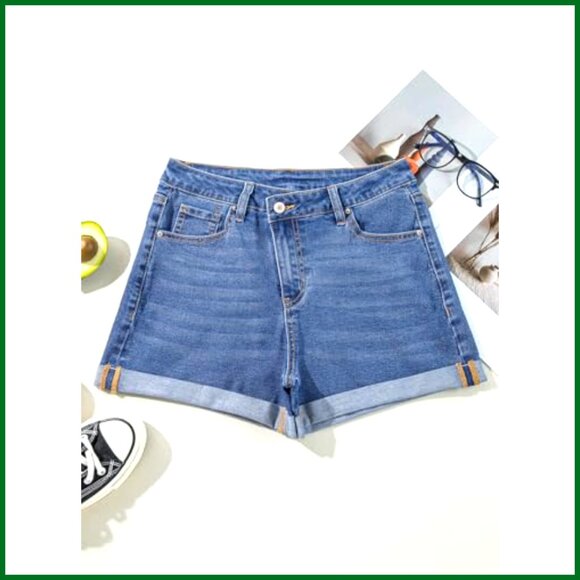 High Waisted Stretchy Denim Shorts with Rolled Hem and Crossover Design - Picture 7 of 7